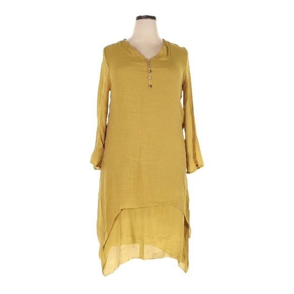 Dayou Boho Lagenlook Midi Dress 1X 2X NWT Mustard Yellow Layered Hem - Picture 1 of 8